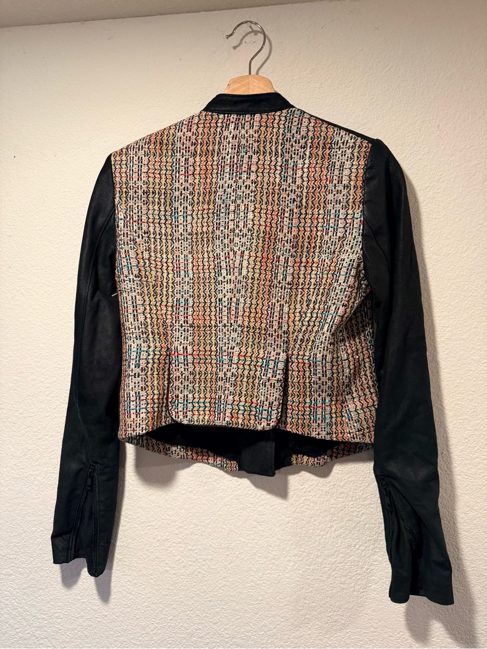THEORY Multicolored Woven Silk w/ Soft Sueded Goat Leather Sleeves Zip Up Jacket - Picture 5 of 7